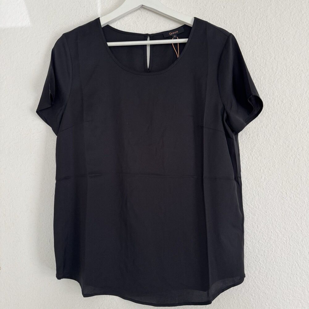 NWT Quince Silk Washable Stretch Tee Black Sz S Minimalist Quiet Luxury Preppy - Picture 9 of 16
